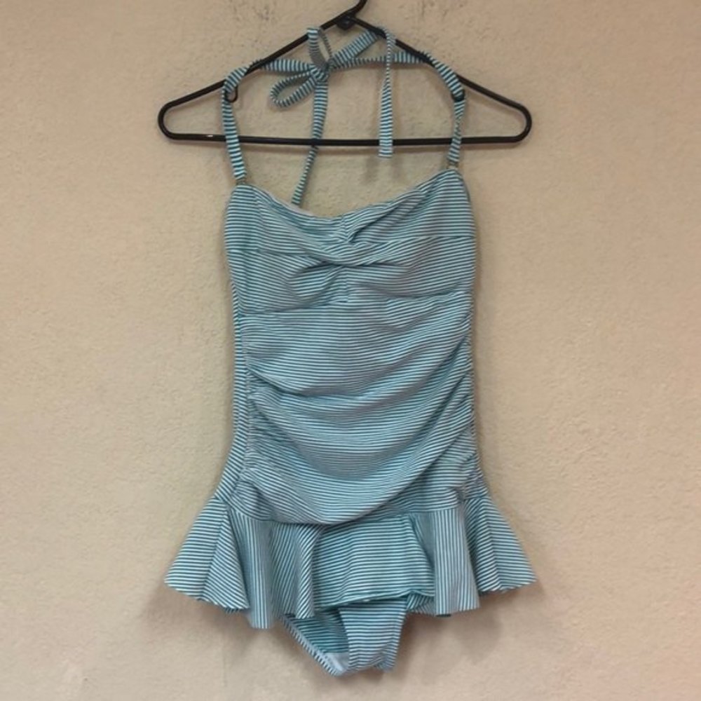Ralph Lauren womans striped & ruffle one piece swimsuit size 10